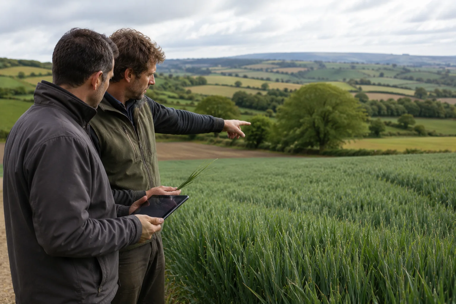 Agriculteur et conseiller observant ensemble une parcelle