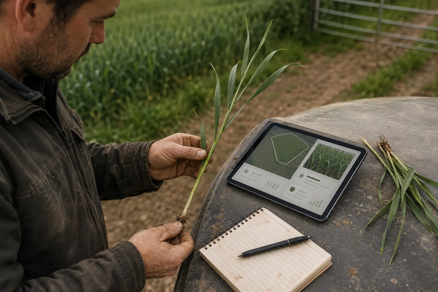 Agriculteur comparant une plante avec les informations affichées sur sa tablette